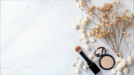 A makeup compact, brush, and dried flowers are artfully arranged on a white marble surface, creating a soft and natural aesthetic.