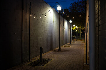 Fototapeta premium Moody nighttime alleyway illuminated by street lamps and hanging string lights, with brick paving and deep blue sky. A cinematic urban scene ideal for travel, architecture, and atmospheric design them