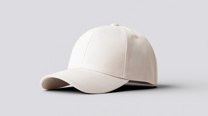 A simple, unadorned baseball cap is presented against a clean, light gray backdrop, highlighting its design and texture.
