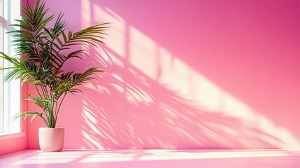 A green potted palm plant sits in a minimalist pink room, with sunlight casting dramatic leaf shadows on the wall and floor.
