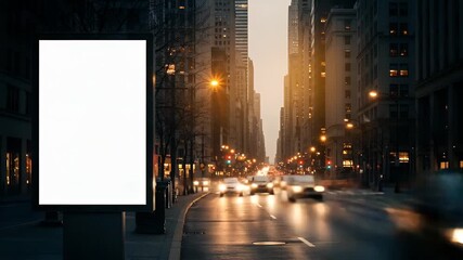 Blank billboard shines on bustling city street, ready for your message with dynamic traffic and vibrant urban setting