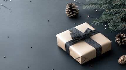 A festive arrangement featuring a wrapped gift, pine cones, and evergreen branches on a dark background.