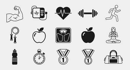 Achieve your wellness goals with these modern fitness and healthy living icons, perfect for any health-focused project.