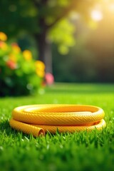 A vibrant yellow garden hose coils elegantly on a lush green lawn, ready for watering Sunlight illuminates its bright color, creating a cheerful summer scene , yard work, yellow color