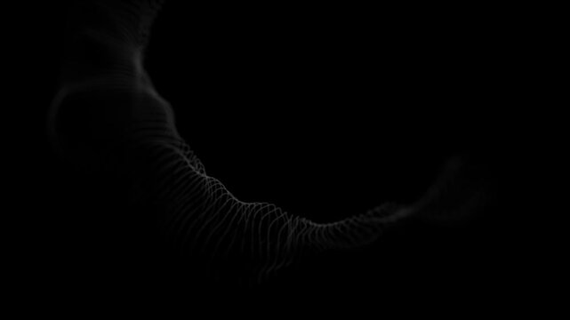  An abstract animation featuring a dark, flowing wave or mesh of fine, thin white lines that move and undulate dynamically against a completely black background, suggesting a digital, futuristic, or d