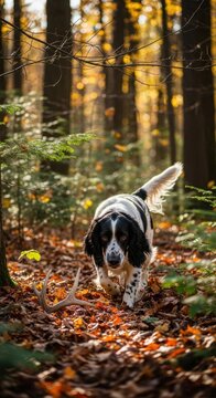 Autumnal canine adventure a sprocker spaniel exploring woodland terrain with natural light