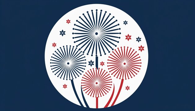 Abstract Red and Blue Fireworks Bursting on a White Circle Against a Dark Blue Background