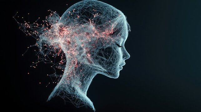 A profile view of a translucent, wireframe human head with a complex network of glowing lines and red particles emanating from the brain.