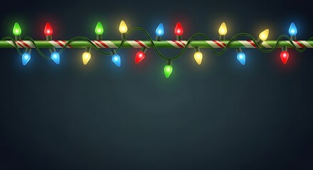 A festive string of colorful glowing Christmas lights wrapped around a candy cane patterned wire on a dark background