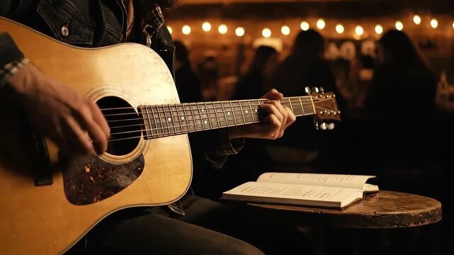 Close Up Man Playing Acoustic Guitar in a Warmly Lit Bar with Patrons Blurring in the Background with Rustic Round Table Holding Sheet Music Under Soft Focus Light Bokeh
