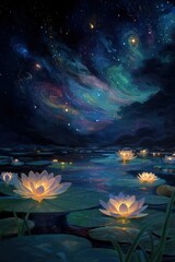 Fototapeta premium Glowing lotus flowers floating on water under starry night sky