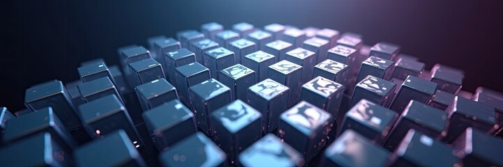 Digital illustration showcases an array of metallic cubes arranged in a wave-like pattern, illuminated by soft blue and purple ambient lighting with a shallow depth of field creating a sense of...