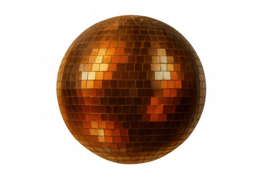 Golden vintage disco ball reflecting light for party celebration and festive events on transparent background