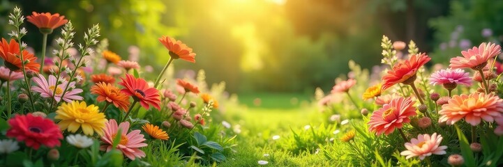 Sun-drenched garden overflowing with vibrant summer blooms, reflecting a sense of calm and natural well-being Perfect for illustrating homeopathic remedies and summer health , relaxation, wildflowers