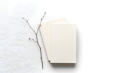 Minimalist Composition with Blank Cards and Budding Branch on White Surface