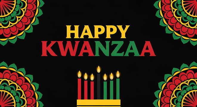 Black background with happy kwanzaa greeting and colorful geometric patterns celebrating african harvest festival. Vector illustration