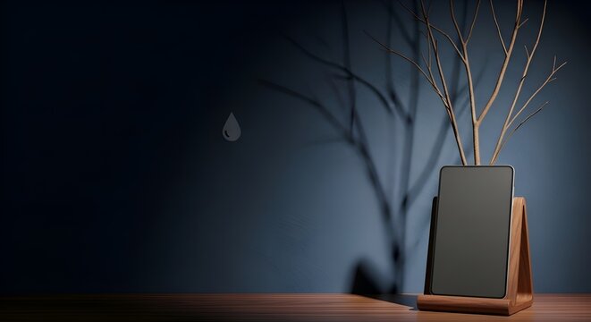Modern Device Display with Natural Wood and Shadows on Dark Blue Background