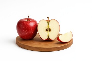 Whole apple half apple and slice on small round wooden tasting board on white background food styling concept for healthy snack menu rustic dessert and kitchen design