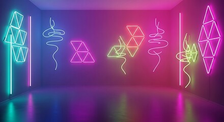 Geometric Neon Light Shapes and Lines in Dark Room
