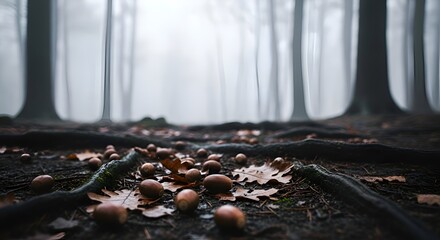 Close up of Acorns and Autumn Leaves on a Forest Floor with Foggy Trees
