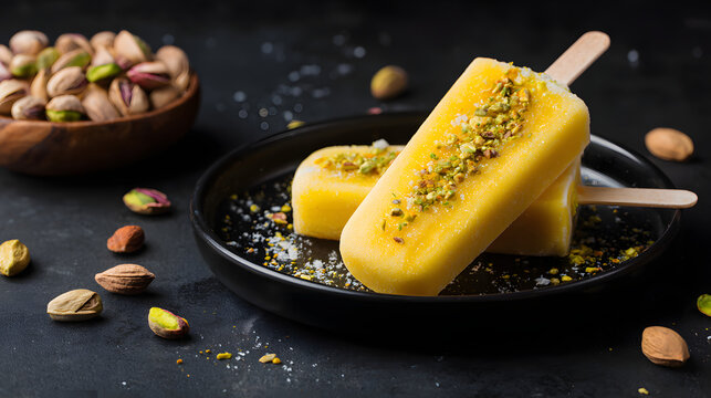 Yellow popsicle on a black plate with cashew and pistachio sprinkles and empty space. Illustration of a dessert menu background.