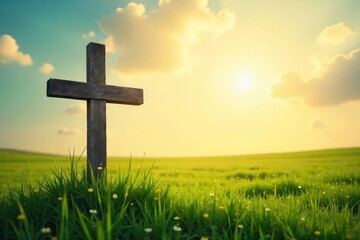 A rustic wooden cross stands against a sun-drenched, overgrown field, conveying peace and serenity Perfect for Easter, Lent, or general Christian themes , jesus, religious