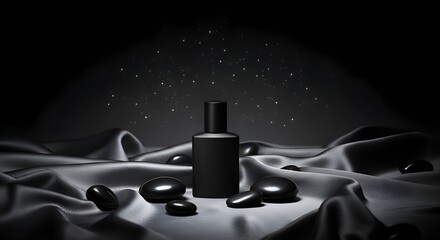 Elegant Black Bottle on Luxurious Silk with Polished Stones and Sparkles