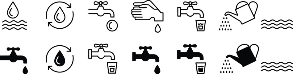 Water Conservation and Usage Icons Set, Clean Drinking Water, Irrigation, Washing Hands, Faucet, Drop, Refresh, Recycle, Vector Outline, and Solid Glyphs.