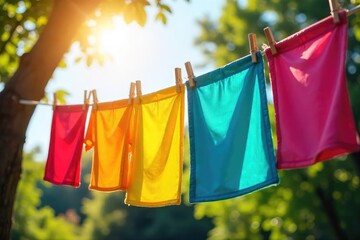Brightly colored laundry hangs drying on a clothesline in the warm sunshine A perfect summer day scene with fresh, clean clothes billowing gently in the breeze , home, textile