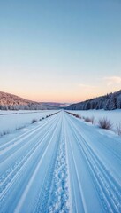 A long, winding, snow-covered country road disappears into the distance under a stark winter sky Perfect for winter travel, rural, or seasonal themes , winter wonderland, winter scene