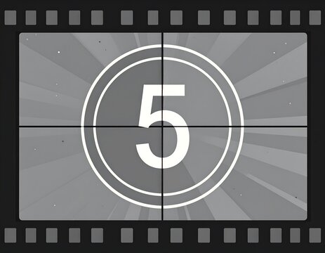 A vintage film strip depicts a countdown at "5", presented in black and white with a radial burst background