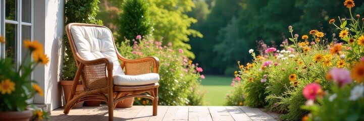 A rustic cane chair sits on a sun-drenched porch, overlooking a vibrant summer garden bursting with wildflowers Perfect for relaxation and summer vibes , yellow, serene, peaceful
