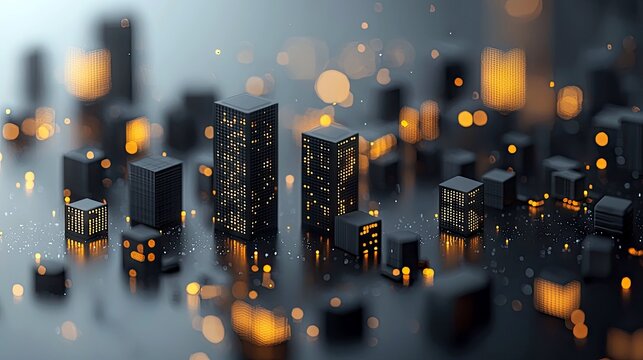 A futuristic cityscape with dark, geometric buildings illuminated by warm, glowing lights and bokeh effects.