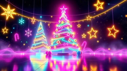 "Neon Christmas Tree Holiday Light Glow Background"