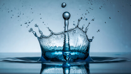 Serene blue water drop creating a perfect crown splash with gentle ripples on the surface