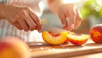Slicing Fresh Peaches - A Close-Up of Summer Fruit Preparation.