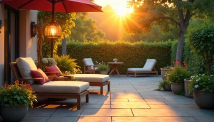A vibrant summer scene featuring a stylish lamp casting a warm glow on a sun-drenched patio, creating a relaxed and inviting atmosphere perfect for outdoor evenings , night, heat
