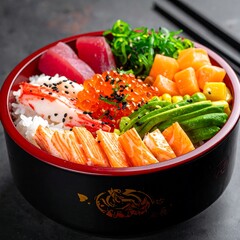 A close-up shot of a colorful, overflowing poke bowl on a dark surface, featuring rice, fish, avocado, and other toppings