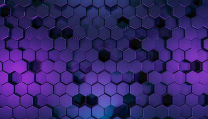 Modern abstract hexagonal pattern background with vibrant purple and blue gradient illumination, futuristic technology concept