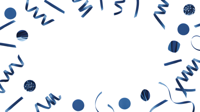 Festive blue streamers and confetti border on a black background