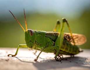 A close-up shot of a green insect perched on a surface, with detailed features and focused on its head, antennae visible