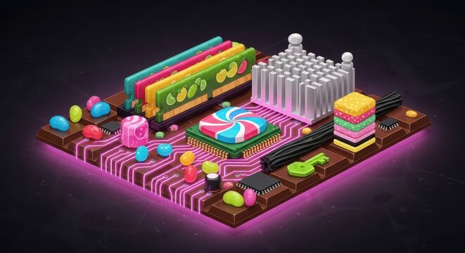 Digital hardware components are creatively represented as sweet confectionery items on a stylized circuit board