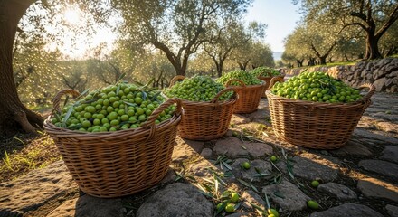 Baskets overflowing with fresh green olives in a sunlit orchard ready for processing