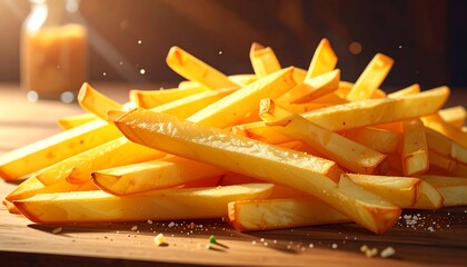 A close-up shot of a pile of golden-fried potato sticks, some with crispy edges, resting on a wooden surface. Light shines on them