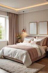 Serene and stylish mommy bedroom interior design Soft lighting, plush bedding, and calming decor create a peaceful retreat Perfect for relaxation and self-care , lamp, peaceful, white