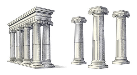 Obraz premium Collection of classical Greek columns, both a full colonnade and individual examples.