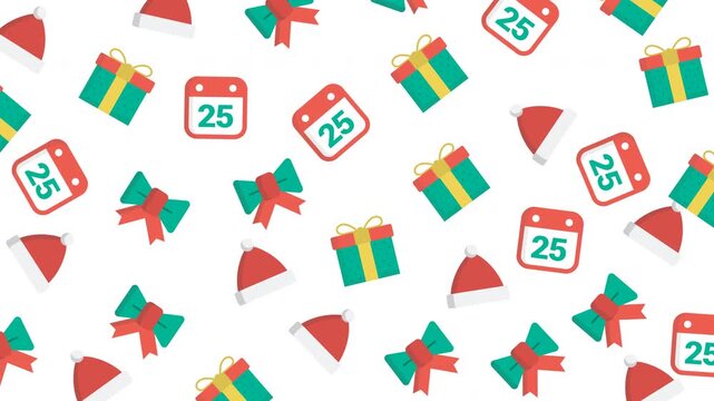 Christmas pattern with gifts, hats, bows, and calendars portraying festive joy. Perfect for holiday backgrounds, cards, and decorations.