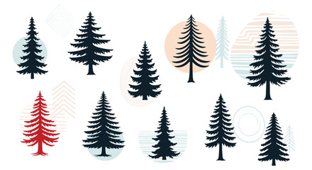 Obraz premium Abstract minimalist evergreen trees with geometric and circular background elements.