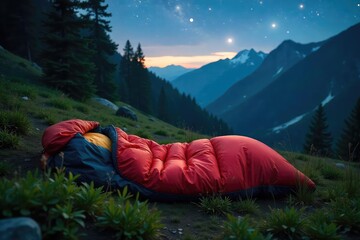 A cozy backpack sleeping bag nestled amongst lush greenery, ready for an adventurous night under the stars Ideal for camping, hiking, and outdoor adventures , relaxation, outdoor gear