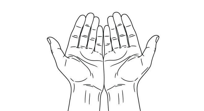 Line drawing of two open hands held upwards as if to receive or pray.